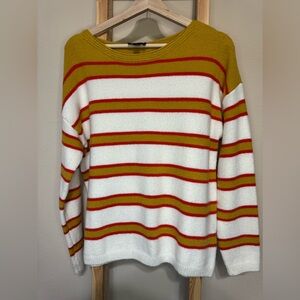Lumiere White Crewneck Sweater with Mustard and Red Stripes